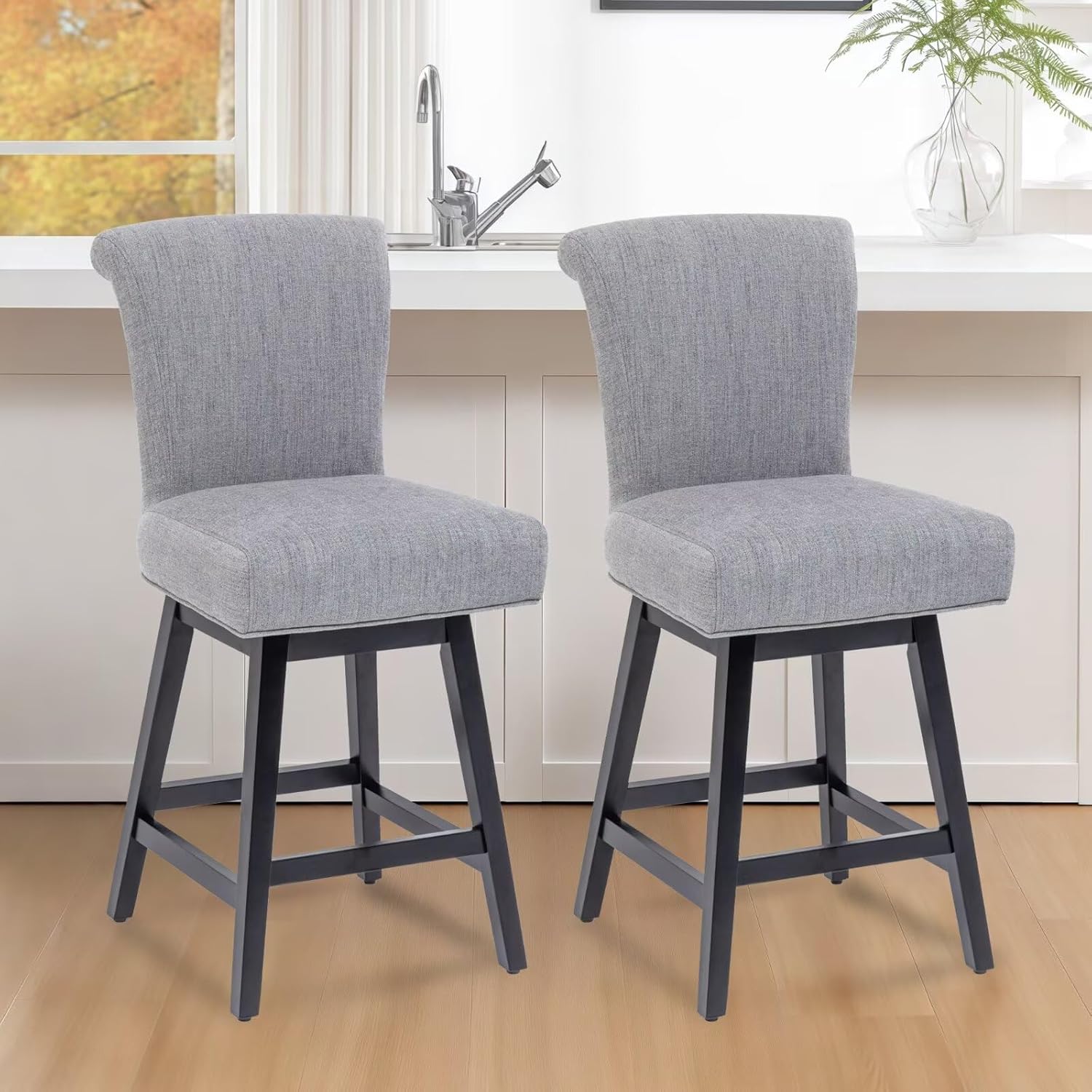 26" Swivel Bar Stools Set of 2, Upholstered Counter Height Barstools with 15.7" High Back, Footrest & 350LB Capacity for Kitchen Island, Home Bar Performance Fabric Gray