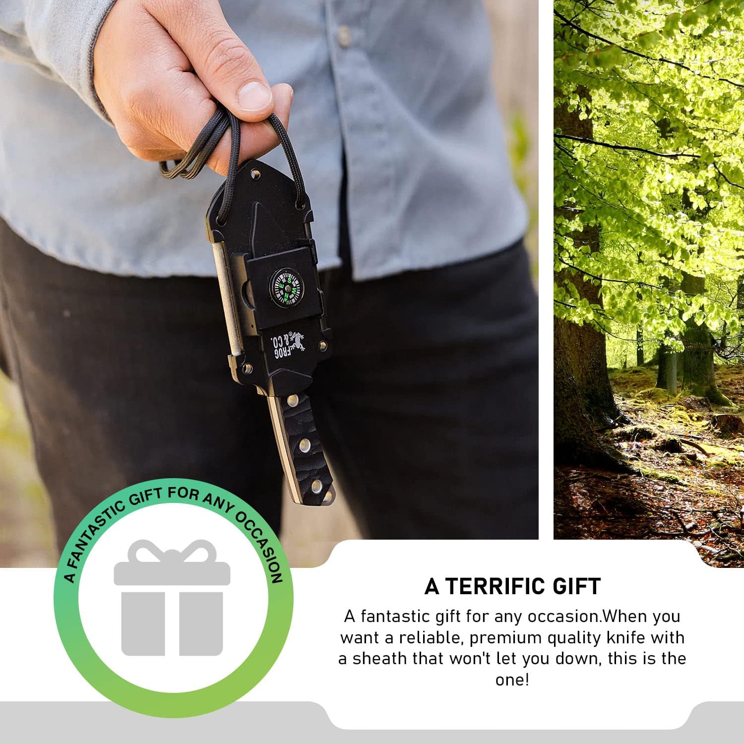 Small Fixed Blade Knife with Sheath - Full Tang Survival Hunting Knife with Paracord Lanyard, Compass, Fire Starter, & Knife Sharpener for Outdoor Camping - Quality Tactical Knife with Sheath