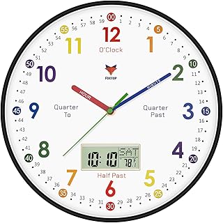 Foxtop Digital and Analog Learning Clock for Kids - Telling Time Teaching Clock 12 Inch Silent Non-Ticking Battery Operated Kids Wall Clock for Kids Room Playroom Nursery Classroom School (Black)