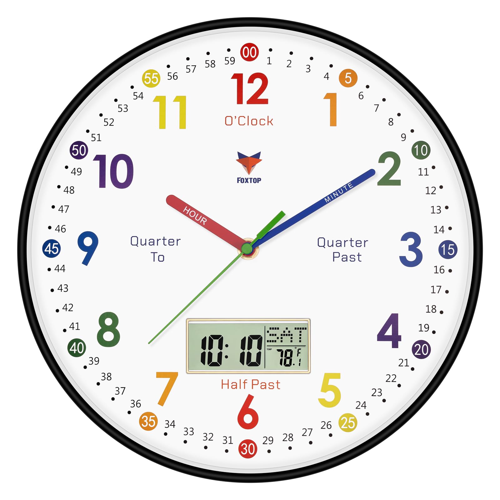 Foxtop Digital and Analog Learning Clock, front view