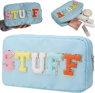 Nylon Preppy Makeup Bag Organizer with Chenille Letter Cosmetic Toiletry Bag for Women Girls Skincare Bag, Glam Bag with Zipper for Travel Daily Use Preppy Stuff…