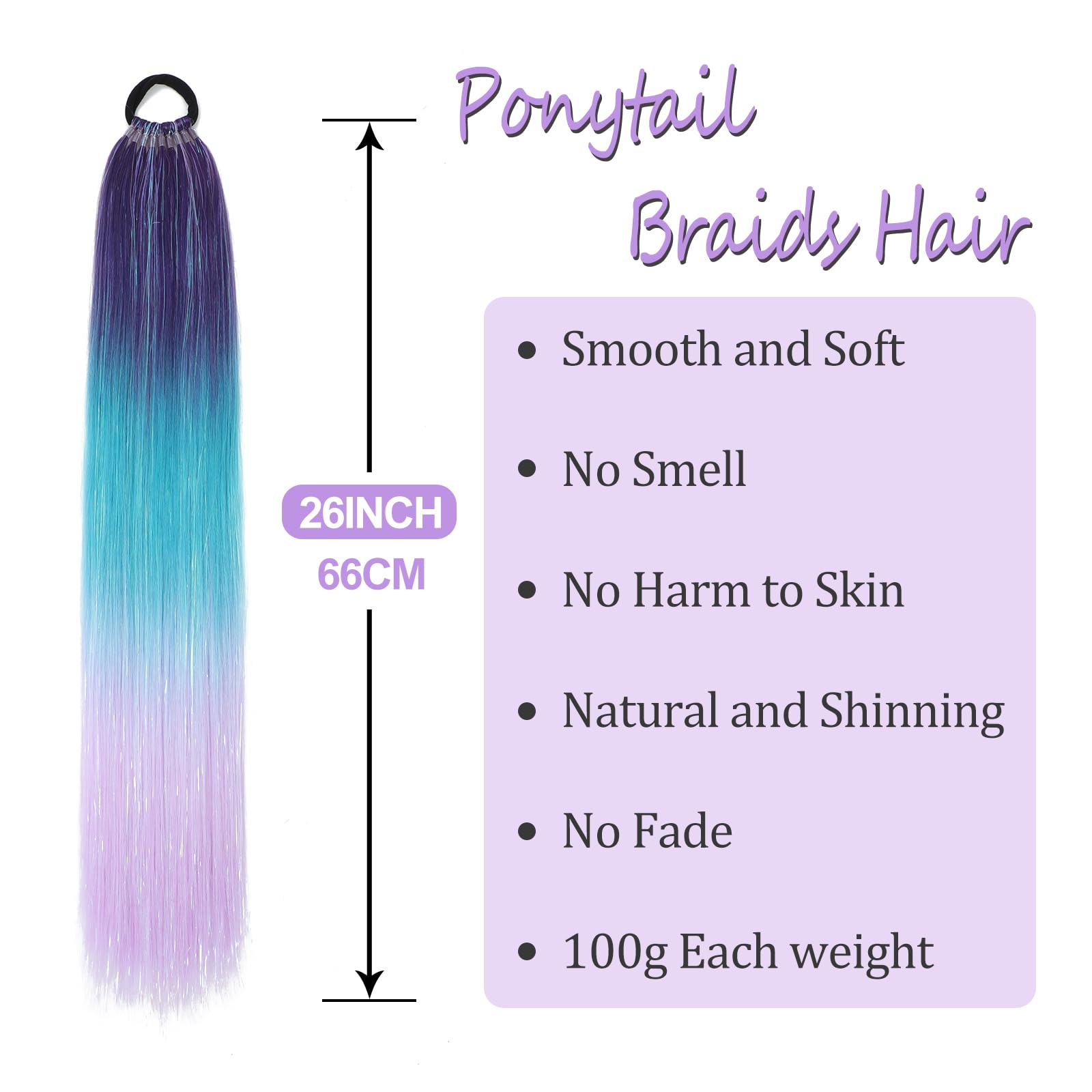 1 Packs 26 Inch Rainbow Ponytail Hair Extensions with Tinsel Hair for Jumbo Braiding Hair Extensions Soft Yaki Straight Synthetic Hair Glitter Ponytail for Girls DIY Braids (purple-blue-light purple) - Image 2