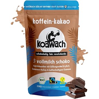 koawach Cocoa Powder Whole Milk Chocolate Drink Powder 500 g - Sugar-free Organic Drinking Chocolate with Caffeine from Guarana & Erythritol - Vegan & Fairtrade - Delicious Energy Cocoa for Hot & Cold Drinks