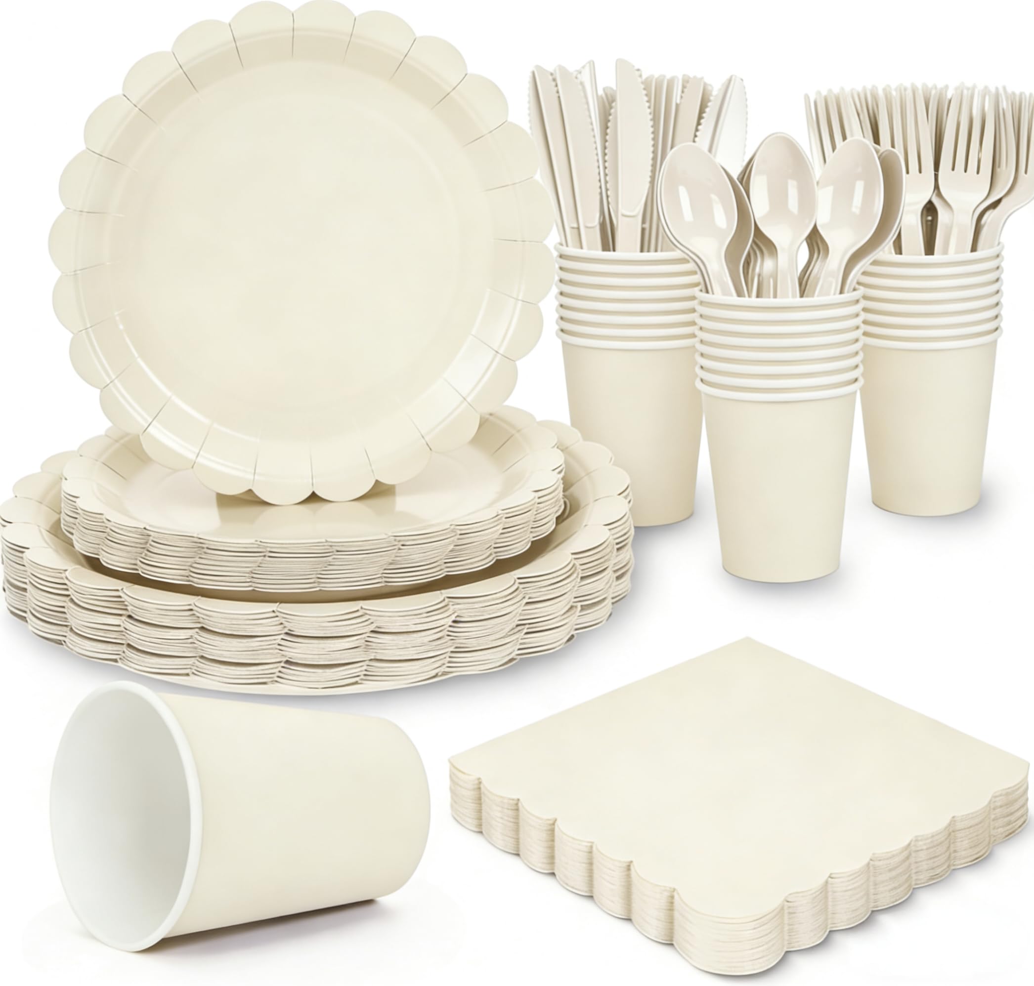 Photo 1 of 168 Pcs Ivory Paper Plates and Napkins Set, Tableware Set for 24 Guests Include Scalloped Cream Plates Napkins Cups Plastic Cutlery for Baby Shower, Wedding, Bridal Shower