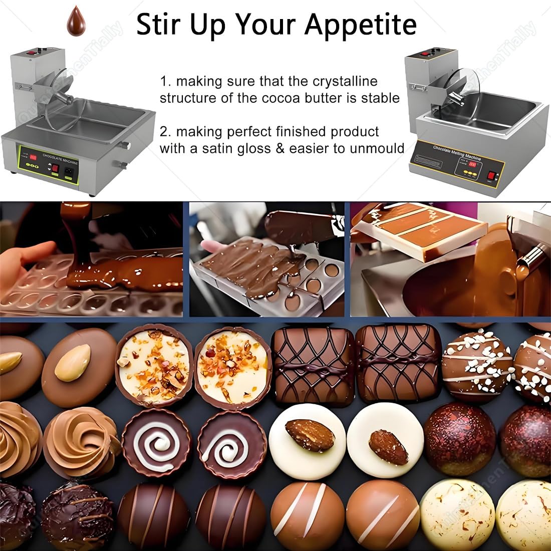 Máquina de templado de chocolate, derretidor eléctrico de acero inoxidable con rueda mezcladora, ideal para panaderías y confiterías, mezclador de chocolate de alto rendimiento