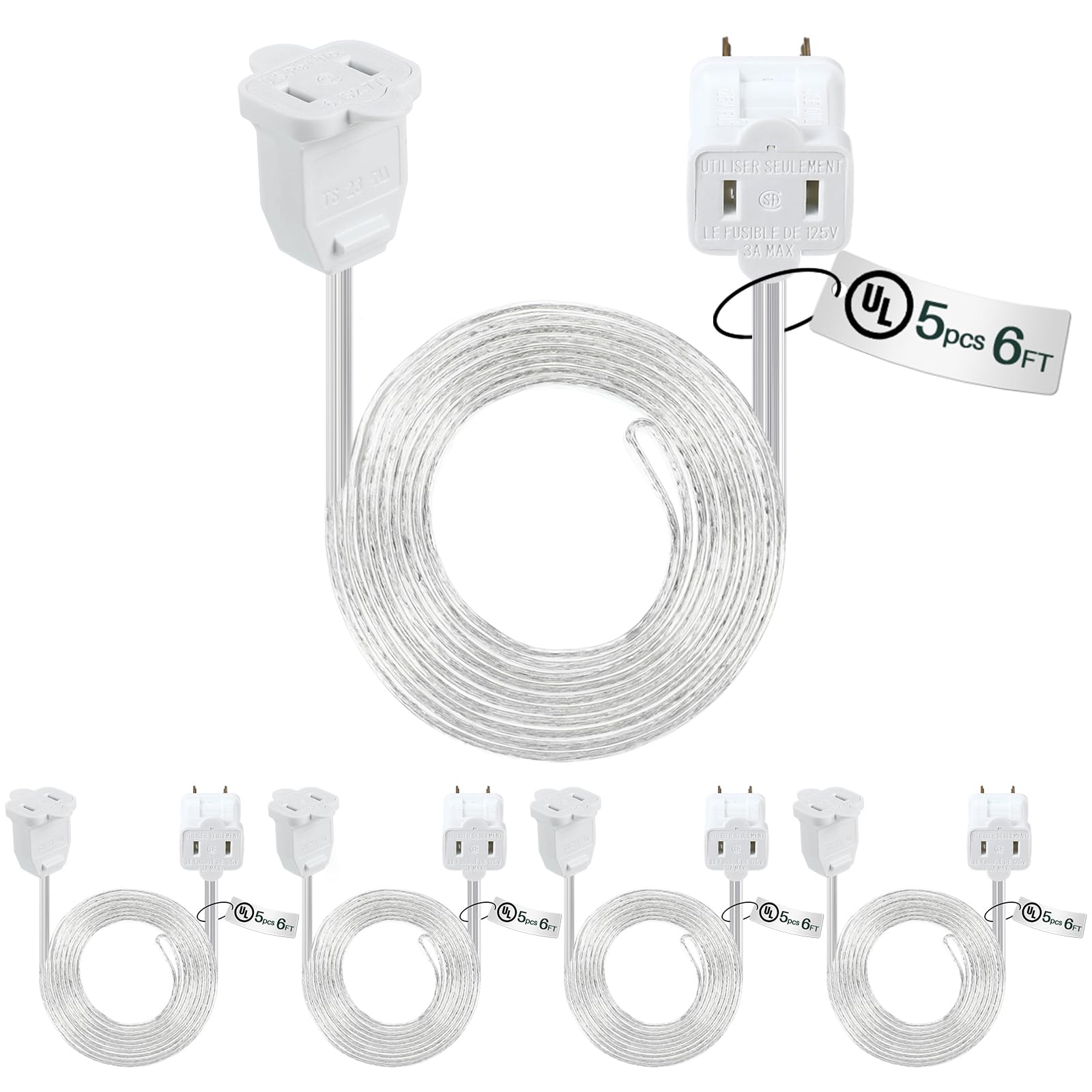Kanayu 5 Pack Clear 6 ft Indoor Extension Cord 2 Prong Electric Cord Extender, Wire Plug in and End, Ac 120 Volts, for Outdoor Christmas Connect or Extend