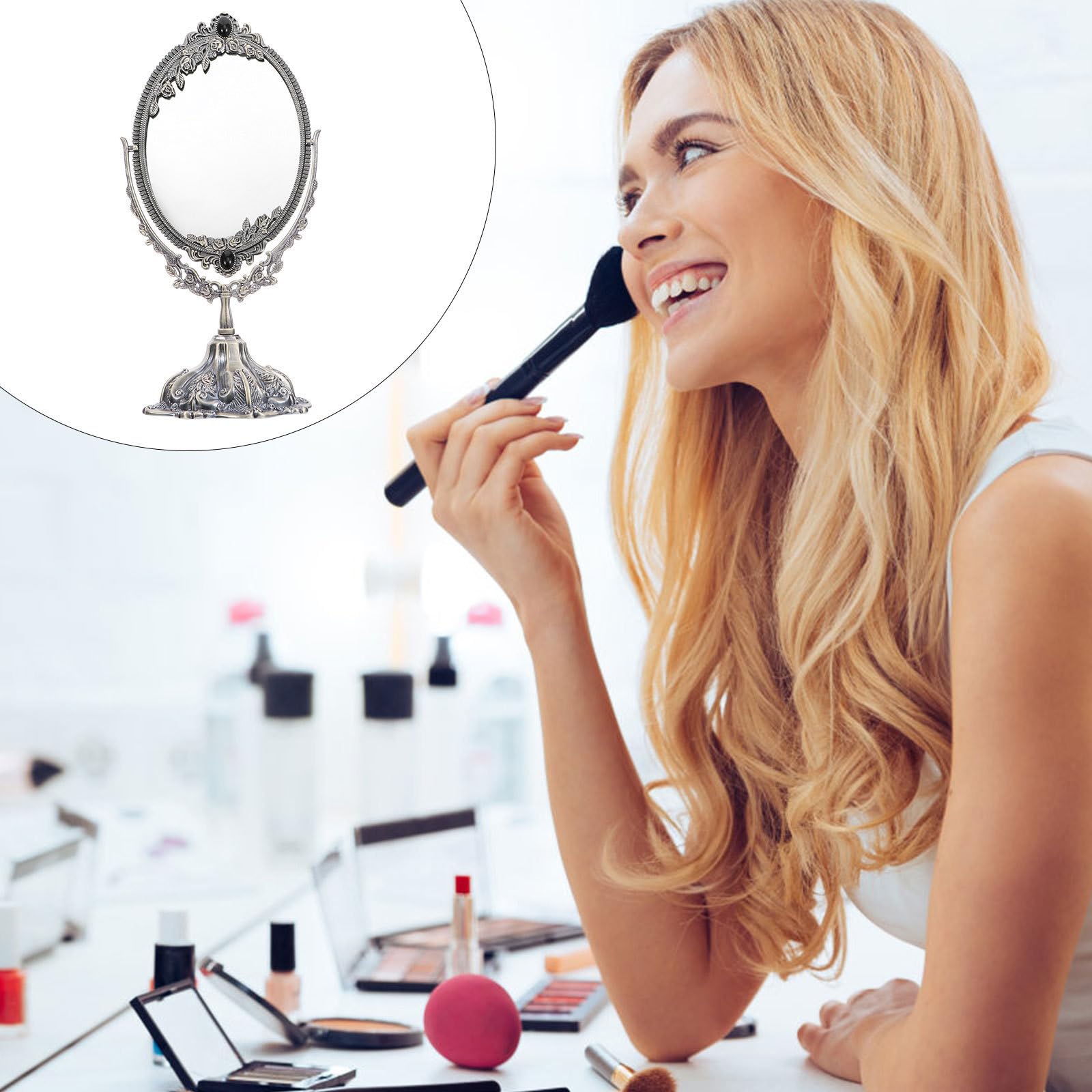 TOYANDONA Specchio da Toeletta Decorativo Retrò in Metallo con Supporto Girevole, Specchio Cosmetico Portatile a Doppia Faccia per Uso Indoor e Regali