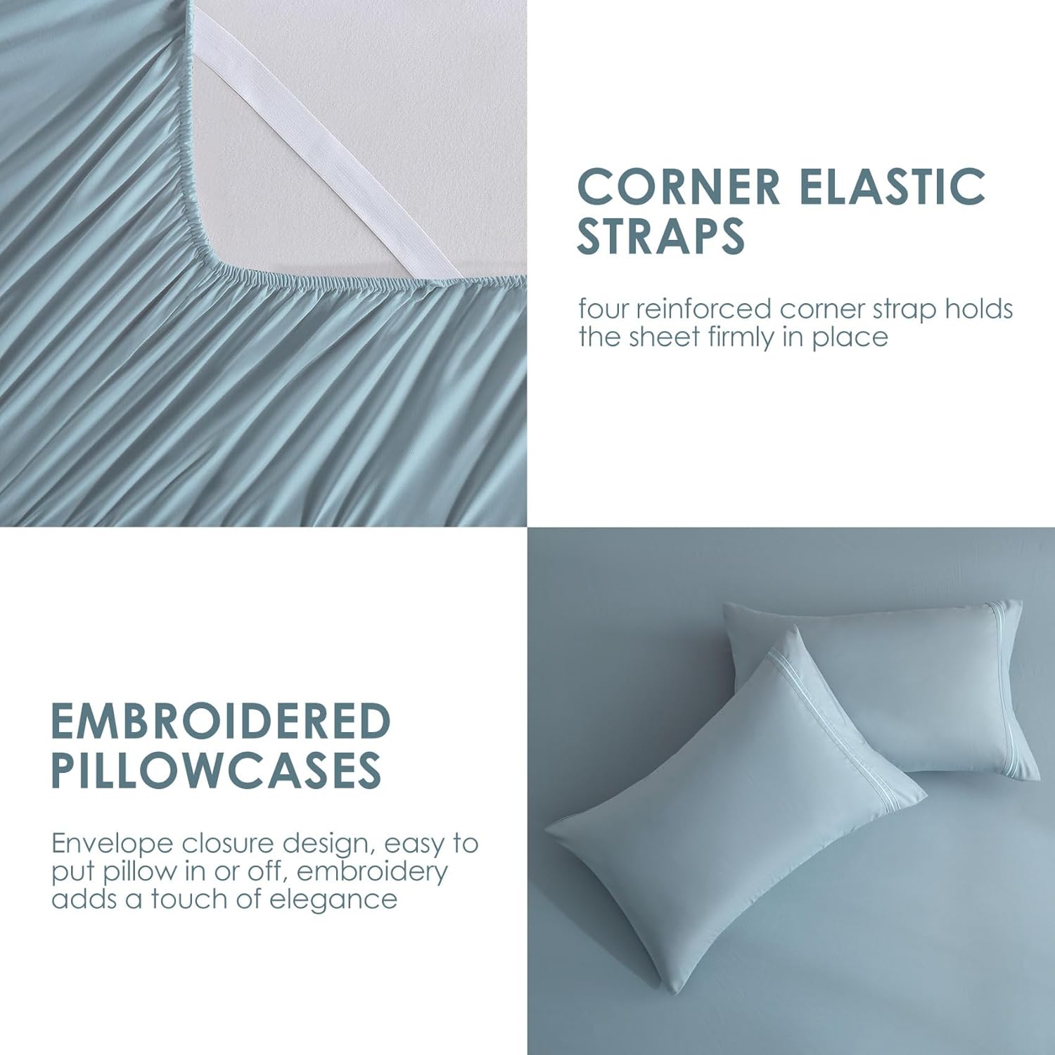 JSD Blue Queen Sheet Set with Side Pocket Corner Straps, 4 Piece Soft Microfiber Bed Sheets Extra Deep Pocket