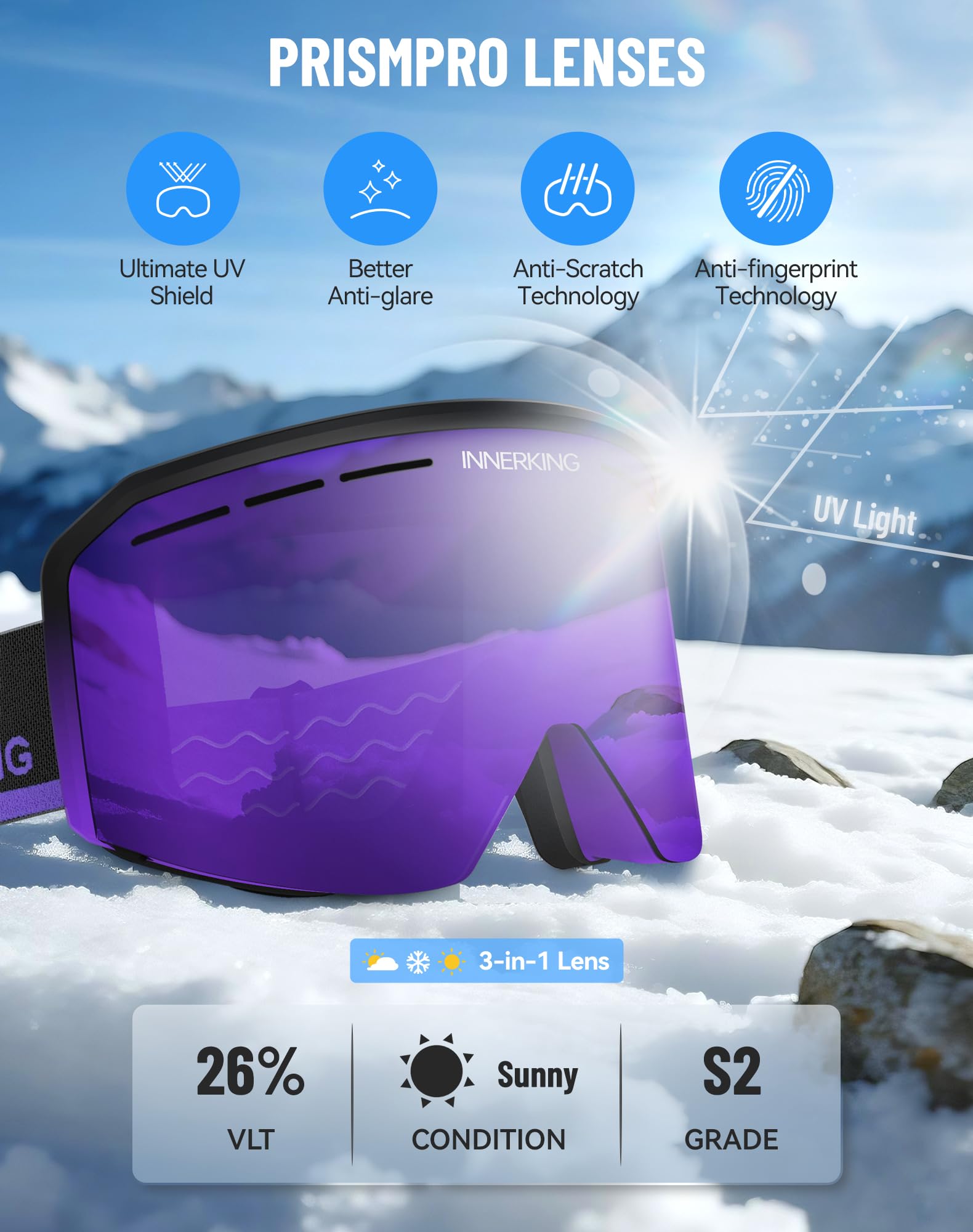 Innerking Occhiali da sci/snowboard OTG per uomini, donne e ragazzi, occhiali da neve per sport da neve, anti appannamento, protezione UV400 al 100%