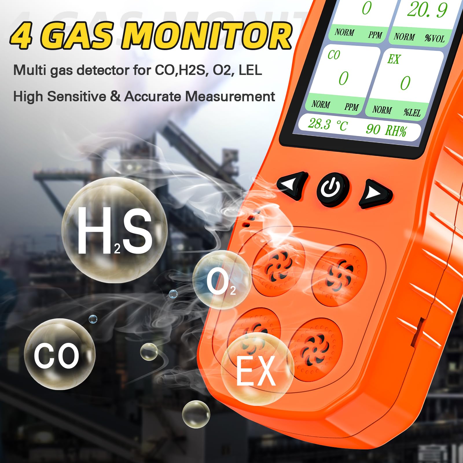 Monitor de 4 Gases, Recargable Analizador de 4 Gases, Detector Multigas para H2S, CO, LEL y O2 con Sensor Electroquímico, Naranja