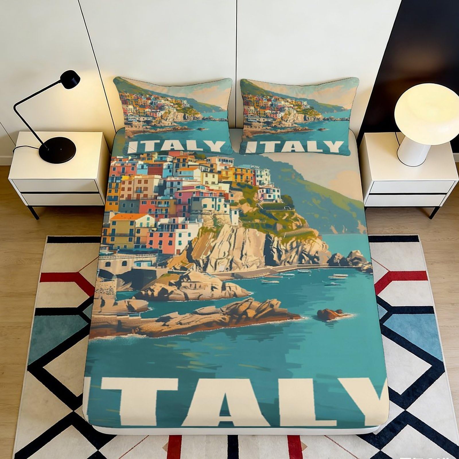 3D Printed Amalfi Coast View Fitted Sheet Microfiber Soft Bed Cover Italian Village Decor Bedroom Dorm 90x200x25cm