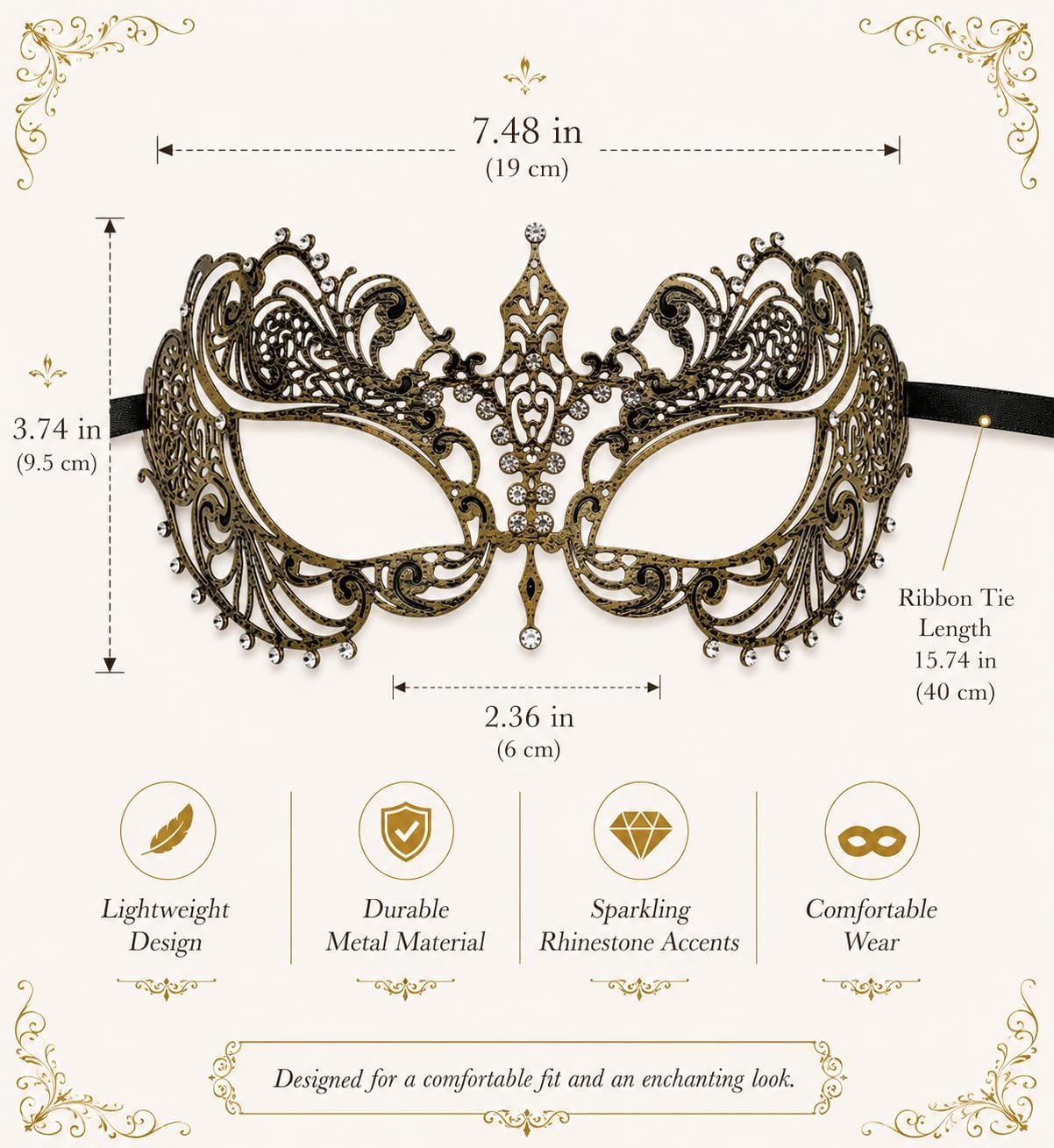 Masquerade Mask for Women with Rhinestones - Elegant Metal Half Face Mask for Masquerade Parties, Mardi Gras, & Themed Events