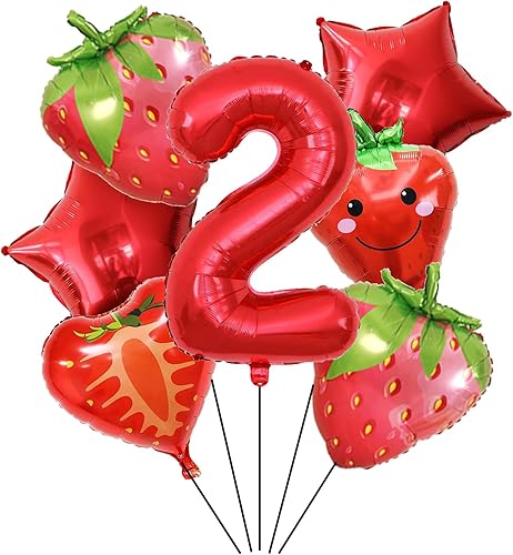 7 globos de fresa  Globos de papel de aluminio Mylar con número de cumpleaños de frutas y fresas para suministros de fiesta de segundo cumpleaños