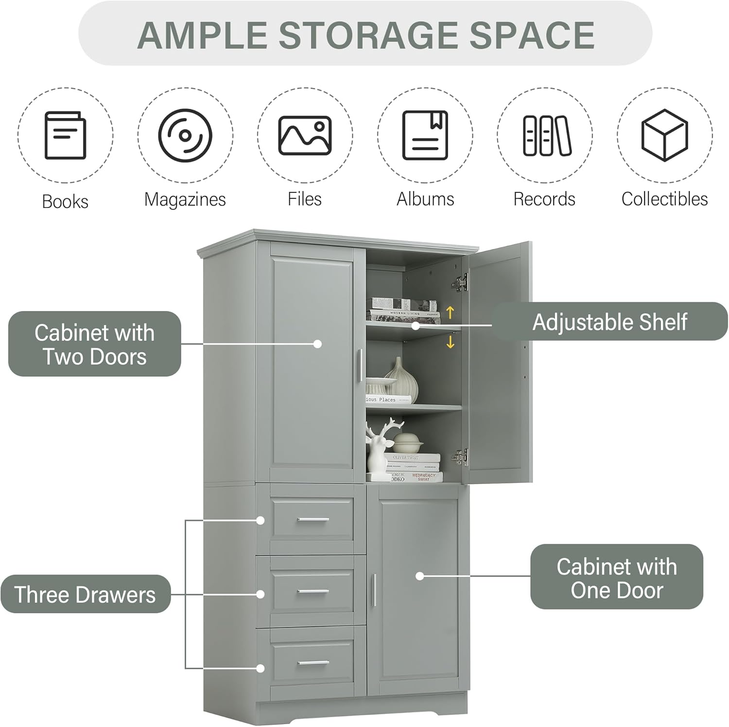 Diagramm, mis illustreerib ample storage space of the cabinet, highlighting the adjustable shelf, the cabinet with two doors, three drawers, and a cabinet with one door.