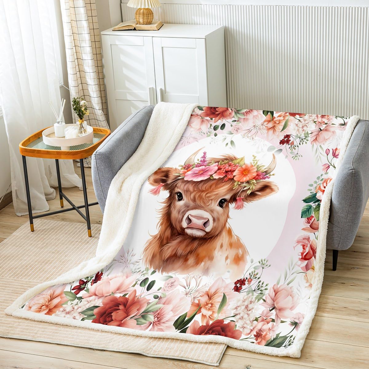 Homemissing Hübsches Hochlandrind Kuscheldecke Kinder Cartoon Tier Wohndecke für Bett Sofa Couch Jungen Mädchen Jugendliche Decke 150x200cm Blumen Floral Drucken
