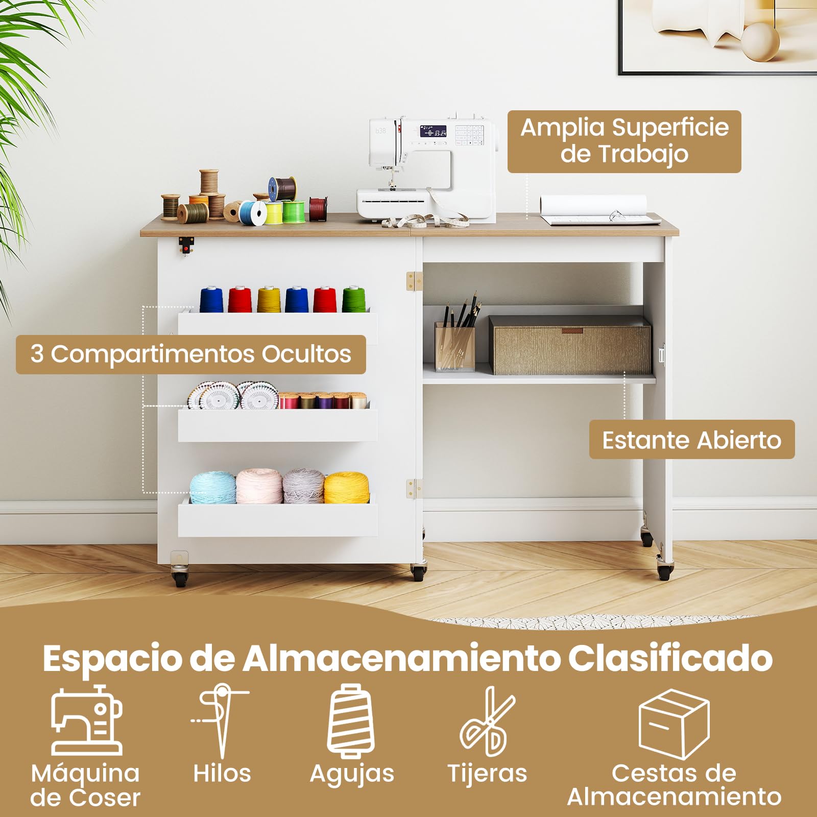 COSTWAY 2 en 1 Mesa Maquina de Coser Plegable, 116x40.5x78cm, Mueble Maquina Coser con 3 Compartimientos Ocultos y Estante, Escritorio Móvil con 5 Ruedas Bloqueables, Ahorro de Espacio (Blanco+Marrón)