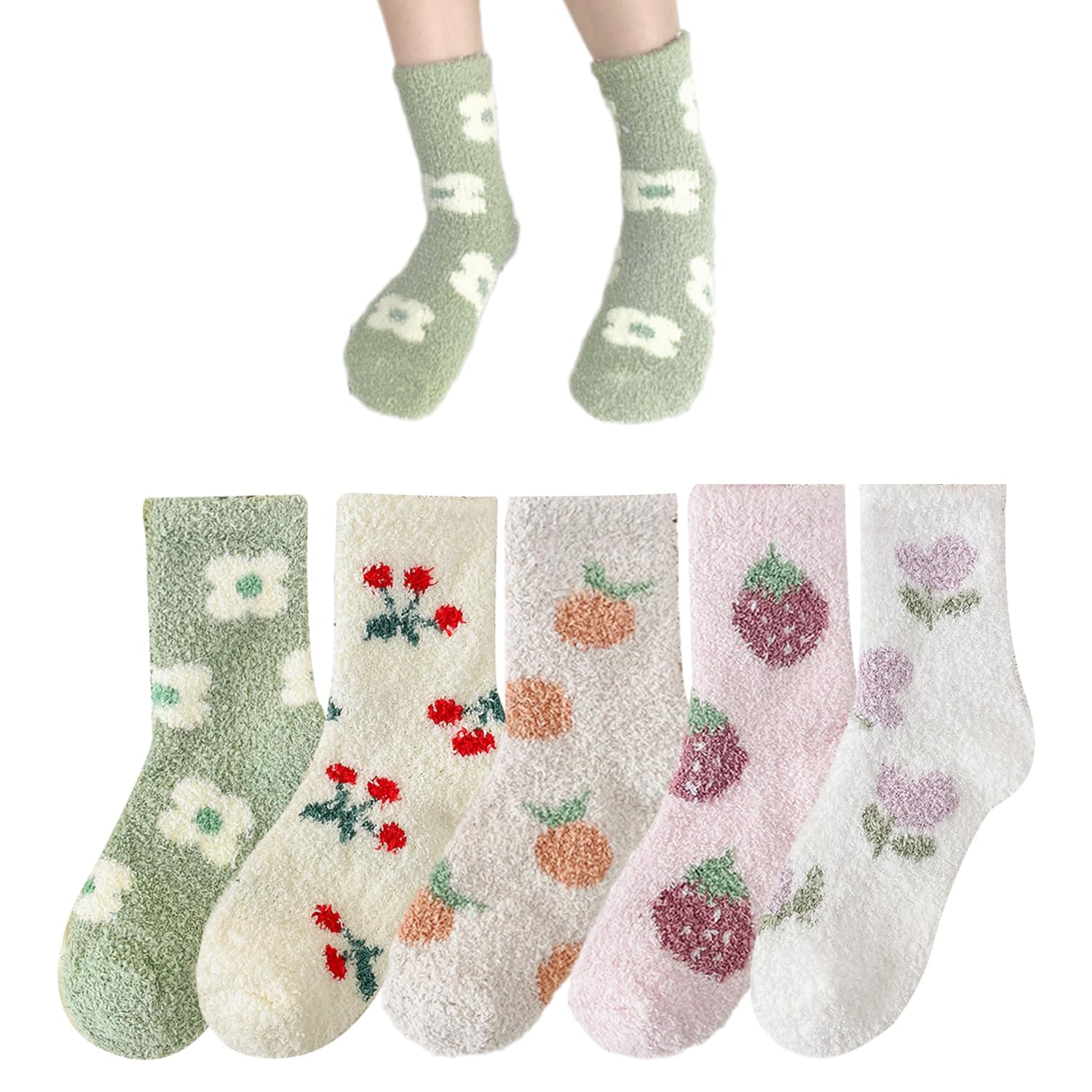 5 Pieces Of Fruit Print Socks, Coral Fleece Socks, Warm Socks, Cartoon Cute Socks, Soft Sleep Socks