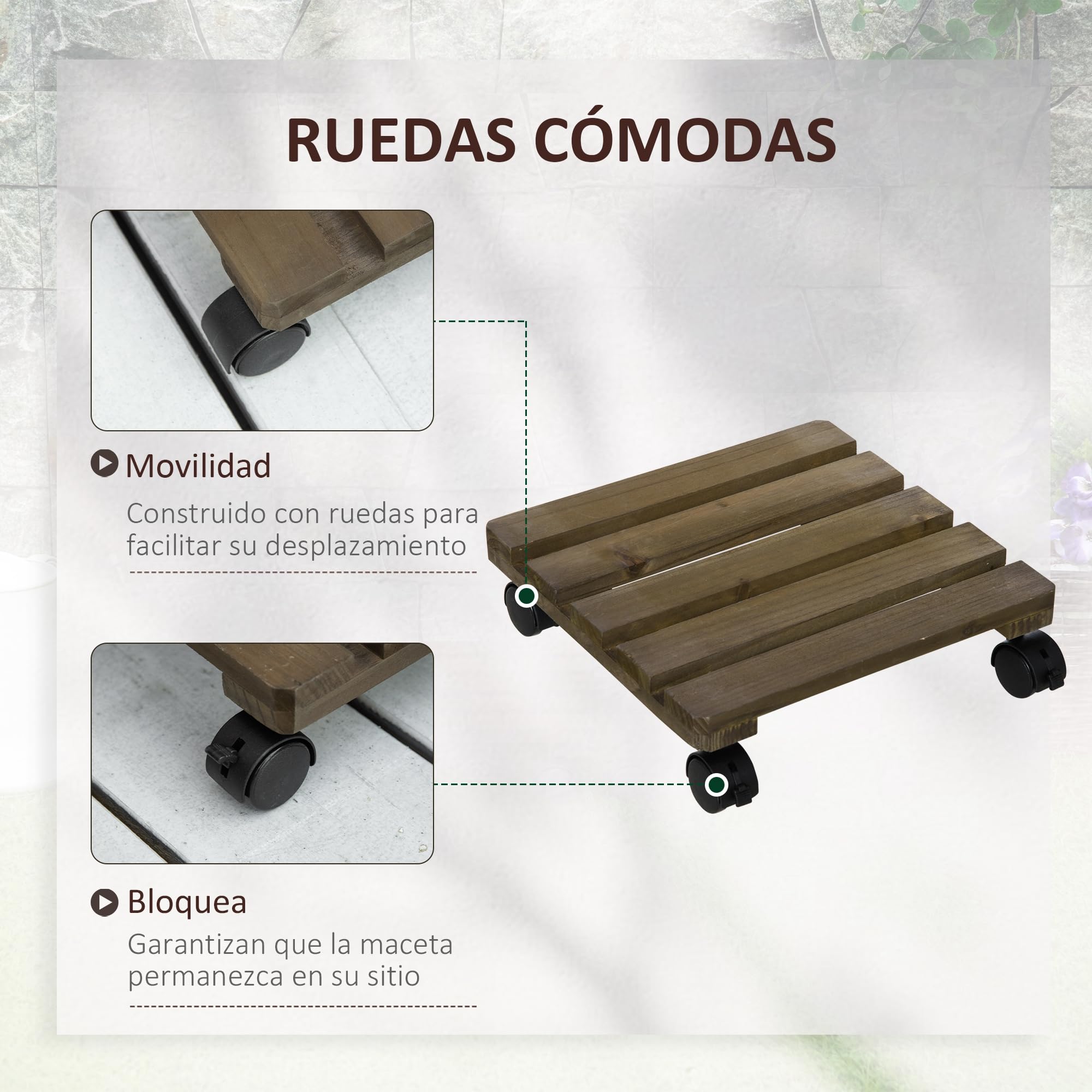Outsunny Pack de 2 Plataformas con Ruedas de Madera 50 kg Marrón Oscuro | Soportes para Plantas con Ruedas 360 ° Giratorias Bloqueables, Bases para Macetas, Exterior, Interior, Jardín