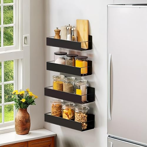 Miniatura 9 de Estante para especias de montaje en pared 4 paquetes de almacenamiento y organización de despensa de gran tamaño sin taladrar  11.8 pulgadas negro