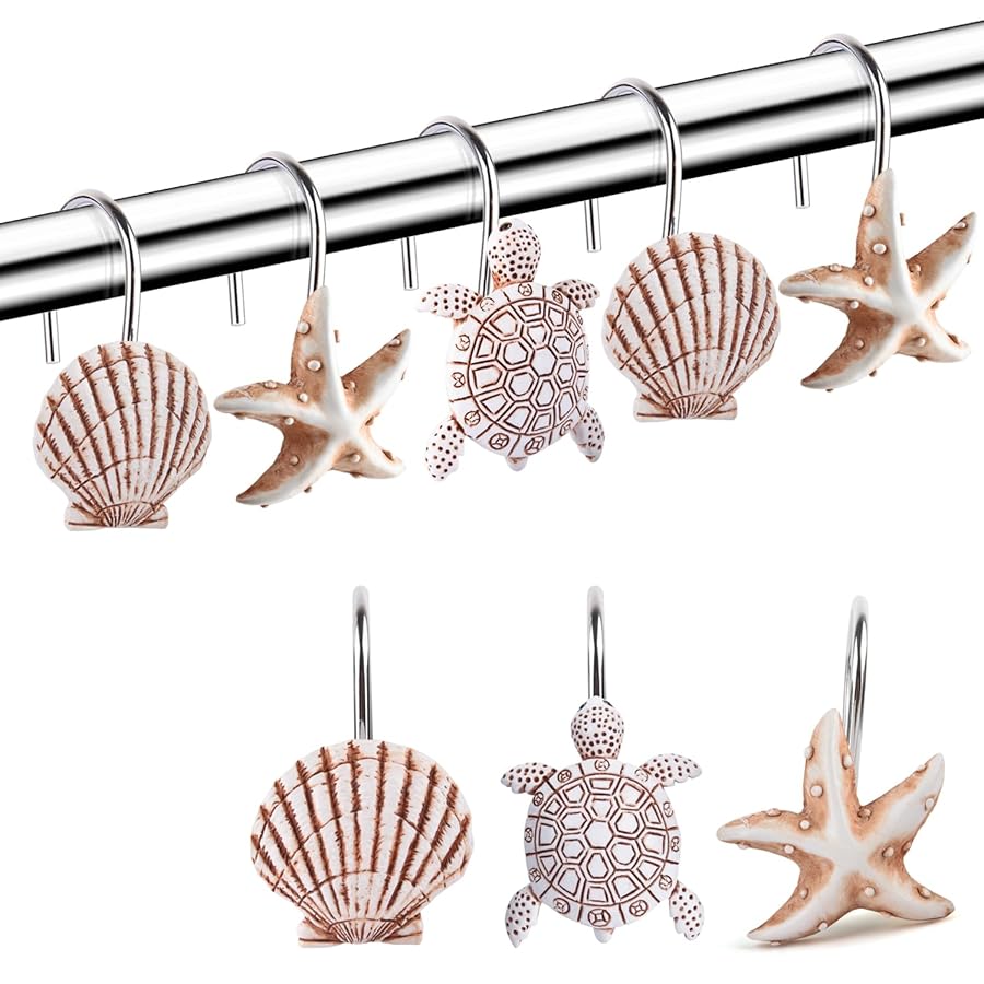 Decorative Shower Curtain Hooks, Seashell Turtles Shower Curtain Rings, Beach Theme Rust Proof Bath Shower Hooks, 12 Pack Bathroom Decoration Ocean Coastal Shower Curtain Hangers - image 1