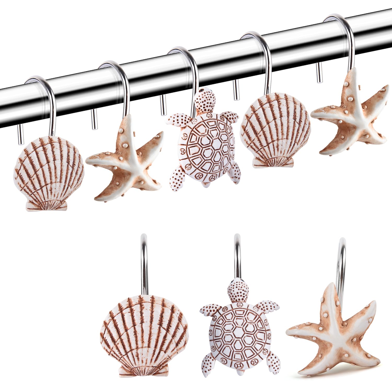 Decorative Shower Curtain Hooks, Seashell Turtles Shower Curtain Rings, Beach Theme Rust Proof Bath Shower Hooks, 12 Pack Bathroom Decoration Ocean Coastal Shower Curtain Hangers