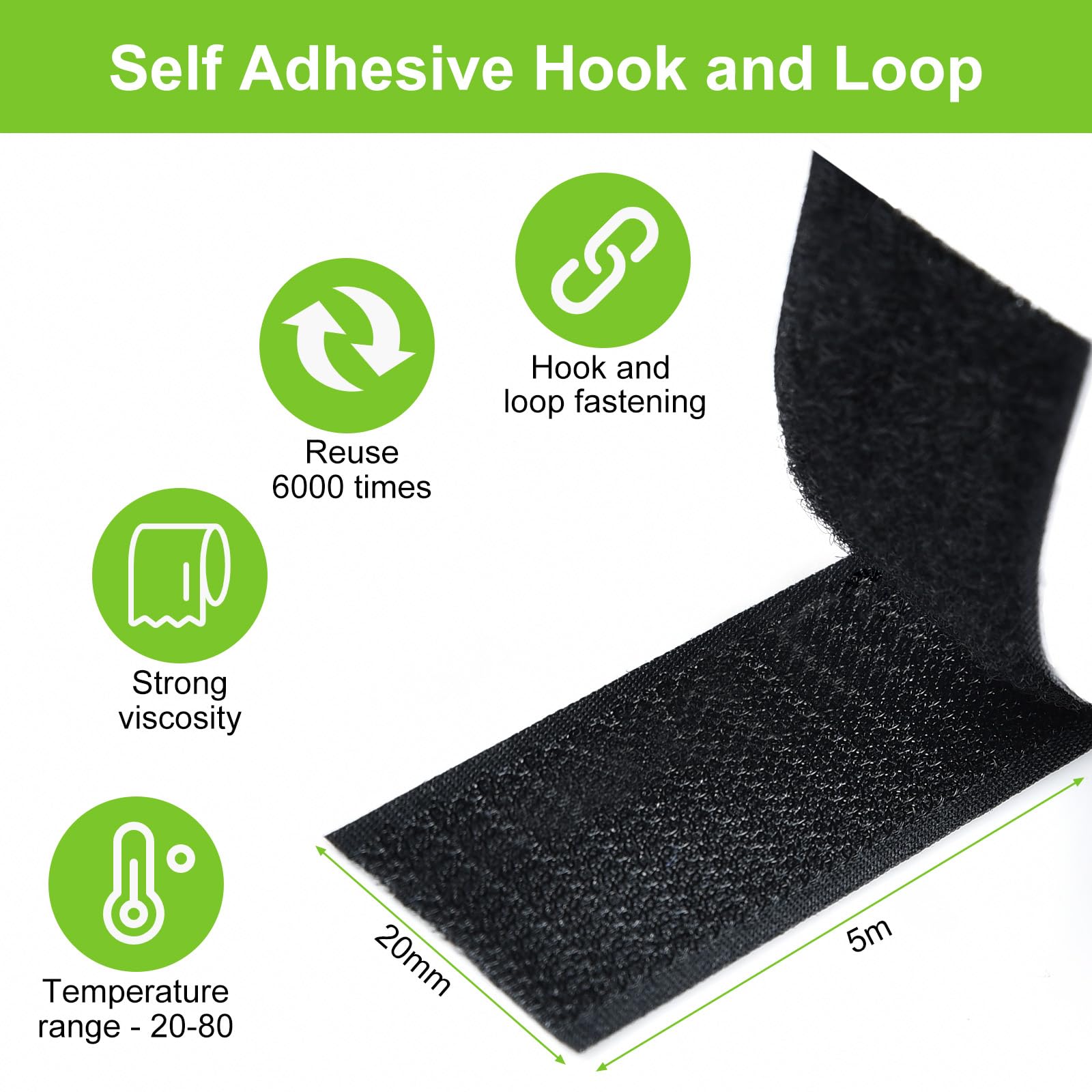 Ruban Scratch Autocollant Double Face 5m x 20mm Adhésif Puissant Hook Loop