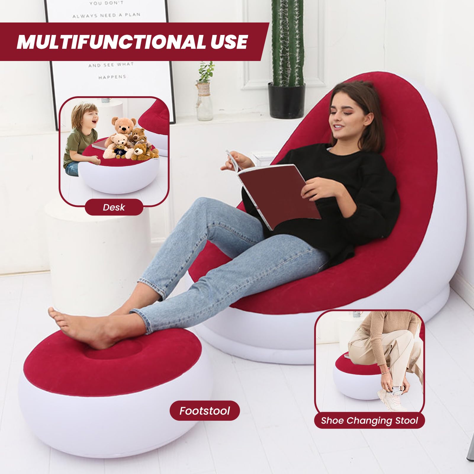 Chaise Gonflable Gonflable, Chaise Longue Gonflable avec Pouf pour Le Camping, Les Jeux, la Pause déjeuner, la fête dans Le Jardin, Profitez d'un Bain de Soleil (Rouge)