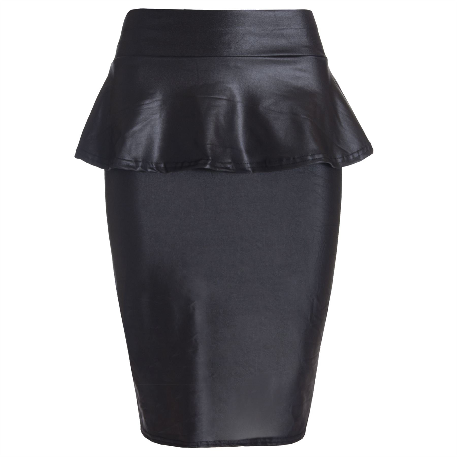 Womens Formal Wet Look PVC Ladies Sretchy Office Bodycon Midi Peplum Pencil Skirt Plus Size 8-24 (20-22 UK, Black Peplum)