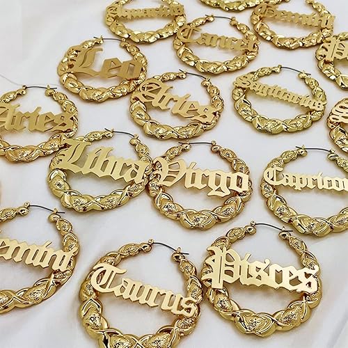 Miniatura 2 de Zodiac - Aretes de aro XOXO de bambú con letra inglesa antigua para mujeres y niñas, aretes de astrología, joyería de moda, chapados en oro de 14