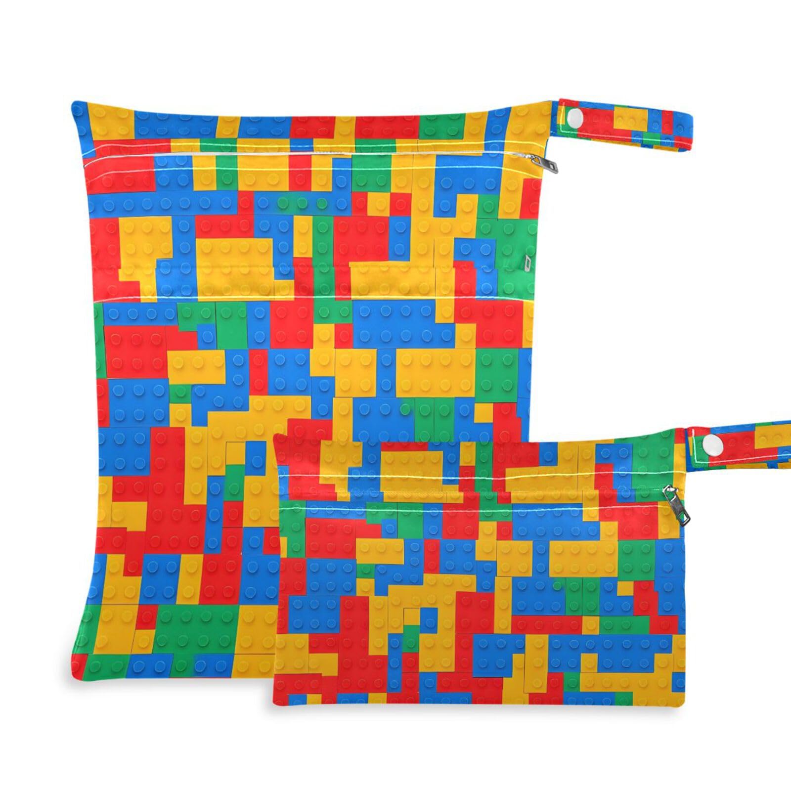 Hezely Building Blocks 2 Pack Cloth Diaper Wet Dry Bags,Waterproof Wet Bag for Baby,Travel, Beach, Pool, Diapers, Dirty Yoga Gym Clothes