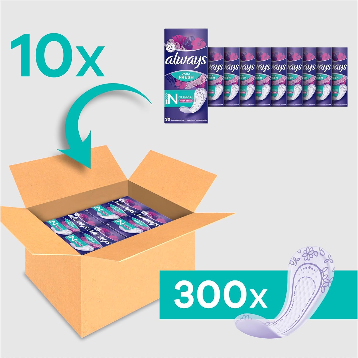 Always Daily Fresh Protège-Slips Normal 10x30 Unités, Avec un parfum frais, Pour ne sentir rien d’autre que fraîcheur et protection