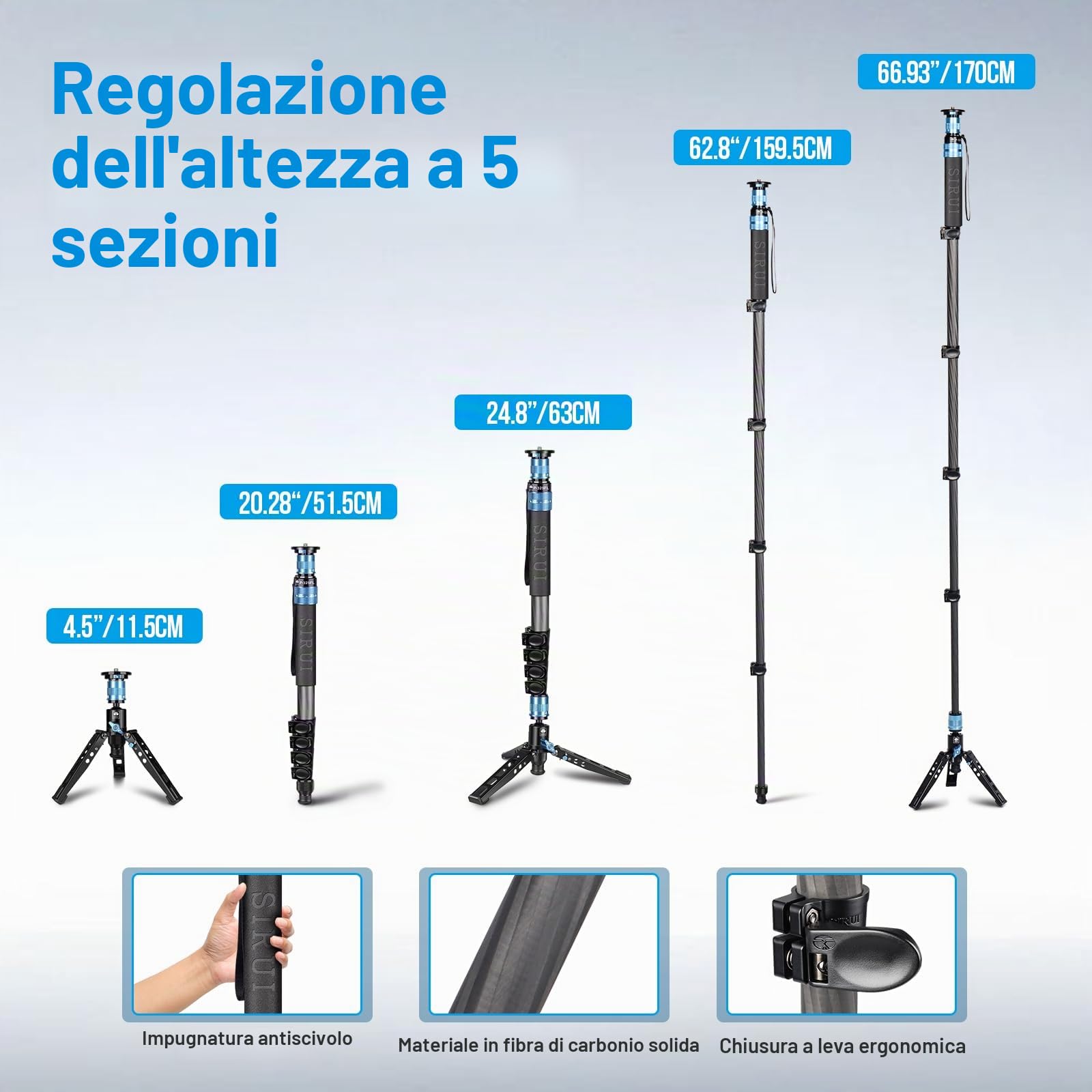 SIRUI P-325FL Monopiede in Fibra di Carbonio con Piedini, 170CM monopiede Video Professionale per Fotocamera, Monopiede da Viaggio Portatile e Leggero per Fotocamera DSLR, Carico Massimo 10KG
