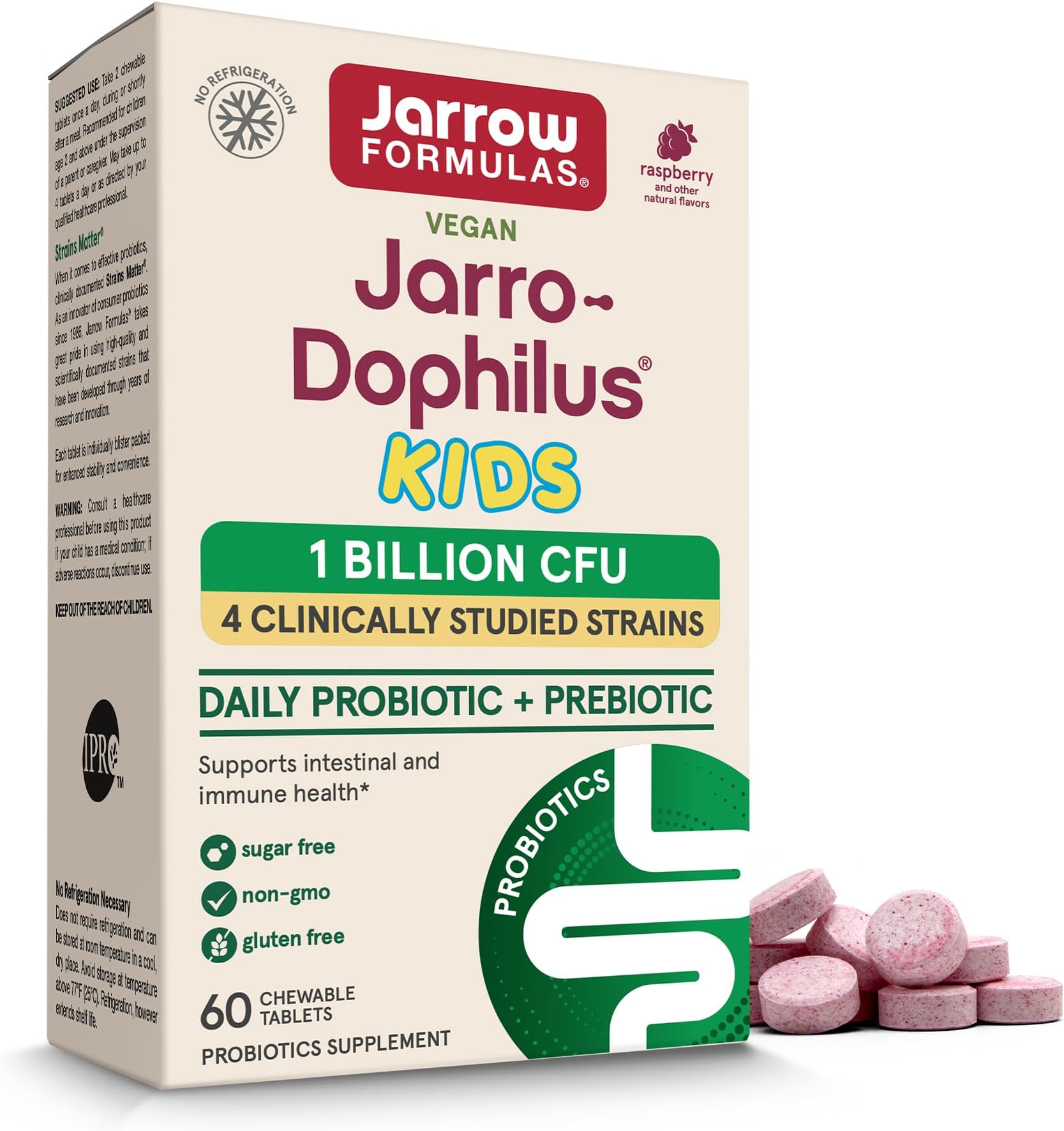 Jarrow Formulas Jarro-Dophilus Kids Natural Raspberry Flavor Inulin-FOS 100 mg 60 Chewable Tablets