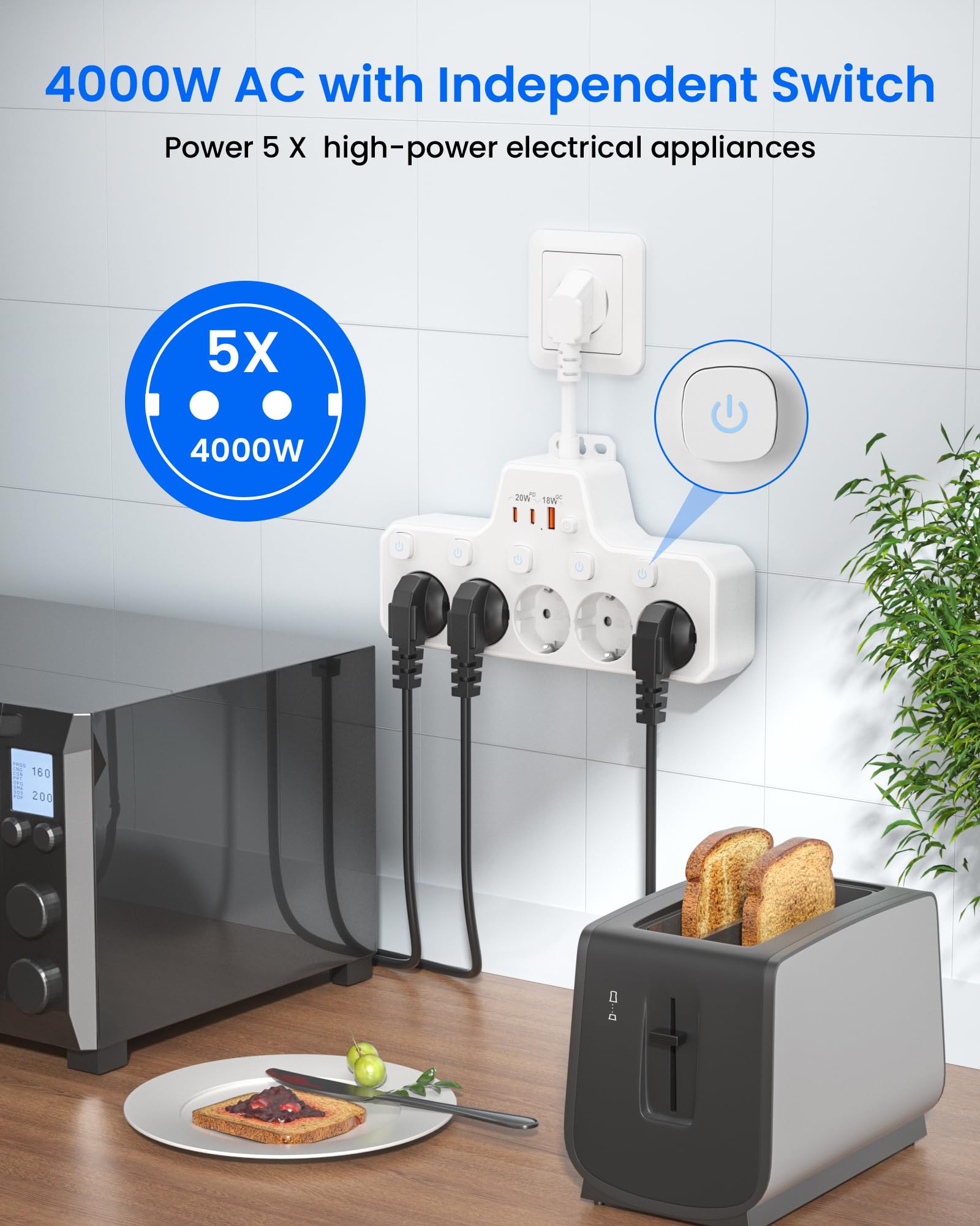Regletas Enchufes Proteccion Sobretension, Ladron Enchufes con Interruptor,Regleta 5 Tomas con USB Carga rápida PD20W,Base Enchufe Multiple Interruptor Independiente,Enchufe Pared Cable Corto,Blanco