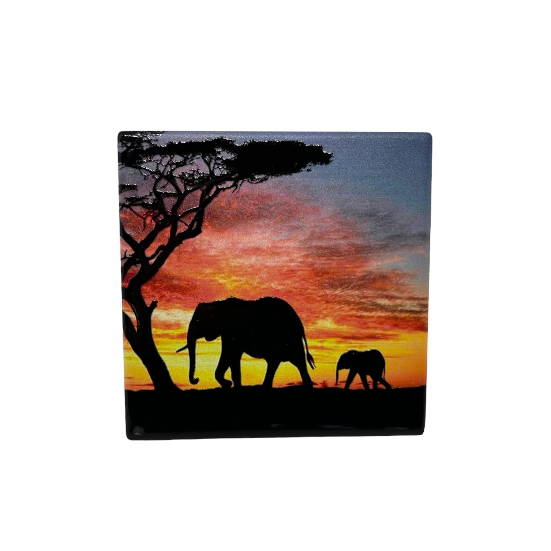 Milford Collection Ceramic Art Coaster 10x10cm Elephant Sunset Design – Cork Backed Non-Slip Drink Coaster Table Mat for Home Decor