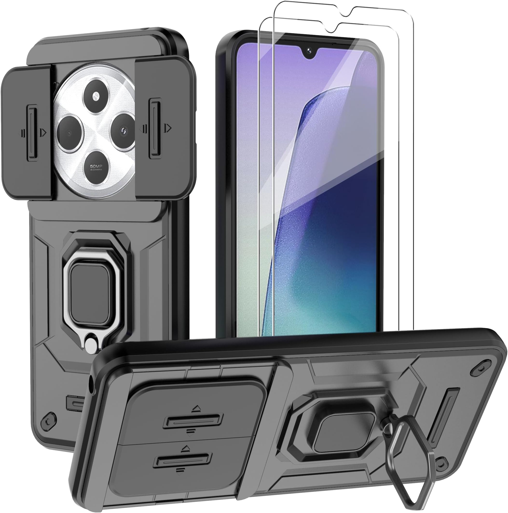 Phone Case for Xiaomi Redmi 14C / Poco C75 4G Case with Glass Screen Protector [2 Pack], Built Slide Camera Protection Cover,Military Heavy Duty Full Body Protective Phone Case - Black