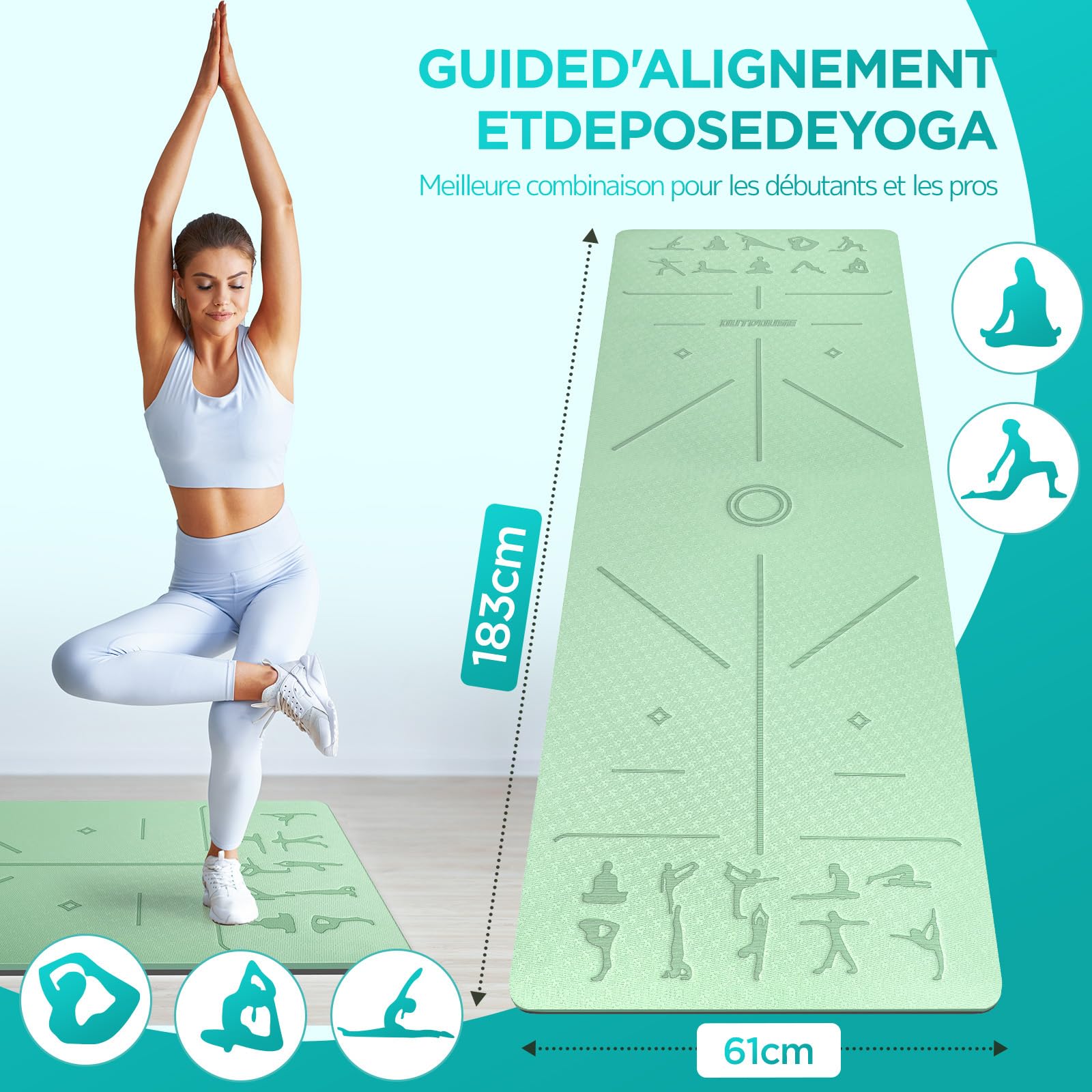 Tapis de yoga OUTDOUSE 70 postures imprimées TPE antidérapant 183x61x0,6cm