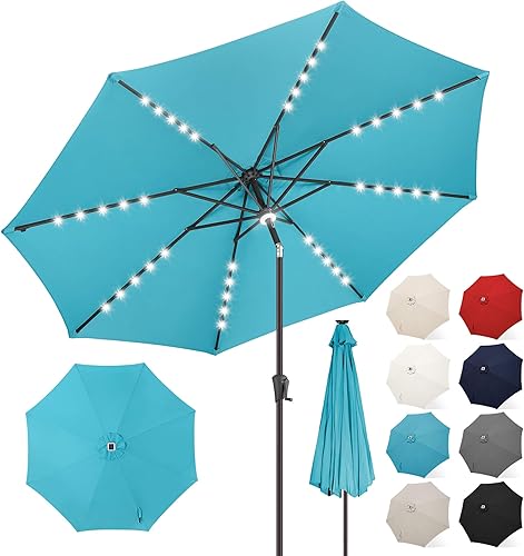 FLAME&SHADE 9 ft Solar Powered Outdoor Market Patio Table Umbrella with LED Lights and Tilt