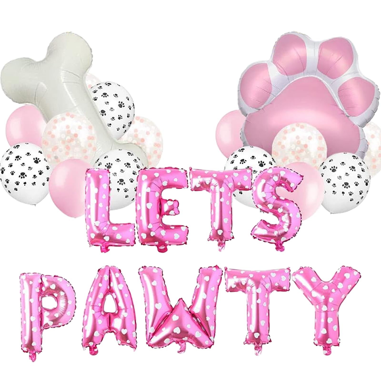 CYMYLAR Pink Dog ‘Lets Pawty’ Birthday Decoration, 1pcs 27'' Pink Dog Paw Balloon,1pcs Large Bone Helium Foil Balloons for Doggy Theme Happy Birthday