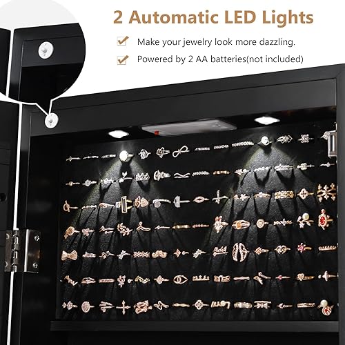Miniatura 4 de NAFORT Armario de joyería con espejo de longitud completa 2 LED 475 pulgadas de alto armario organizador de joyas con cerradura montado en la