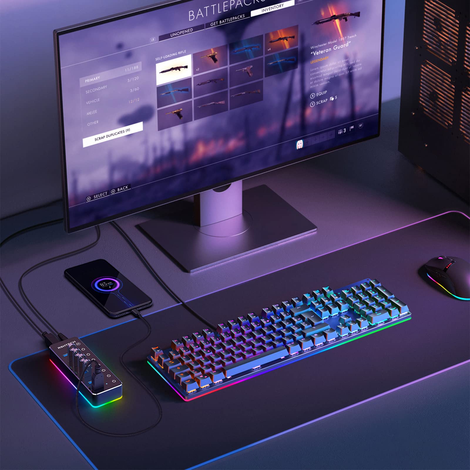 RSHTECH RGB USB 3.0 koncentrator aluminiowy 20 W USB Hub Active 3.0, 14 trybów oświetlenia RGB i zasilacz 5 V/4 A, RSH-518R"