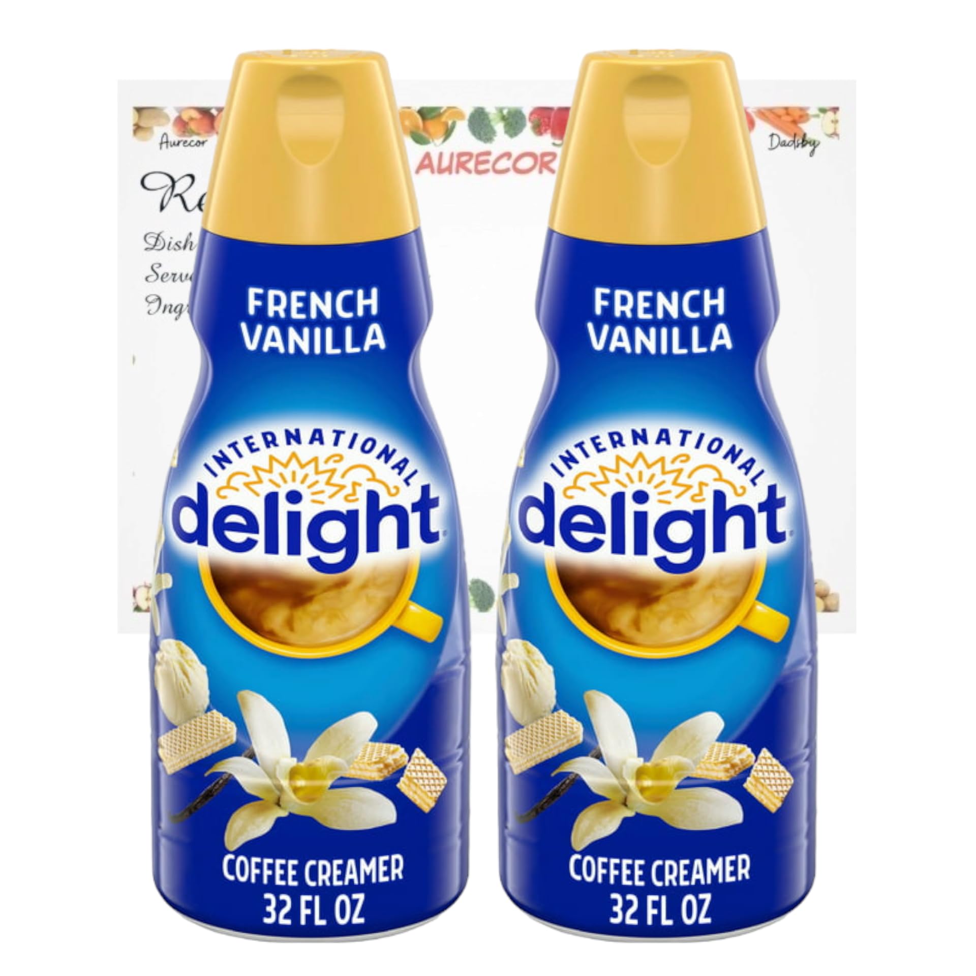 Geakv Aurecor Recipe Card bundle with Coffee creamer International-Delight Coffee Creamer, French Vanilla, 2 pack 32 oz. Non-dairy Creamer, packaging may vary
