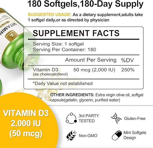 Miniatura 2 de Vitamina D3 2000 UI (50 mcg) 180 cápsulas blandas  Apoya la salud inmunológica, la absorción de calcio y la fuerza ósea  Esencial para huesos sanos,