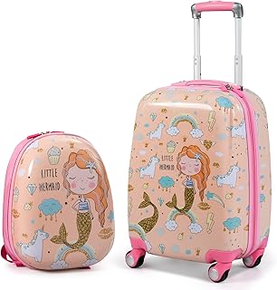 BABY JOY 2 Piece Kids Carry On Luggage Set, 12\" Backpack and 18\" Toddler Suitcase, Hard Shell Travel Suitcase and Backpack with 4 Swivel Wheels, Cute Trolley for Boys and Girls, Multicoloured, 13 x