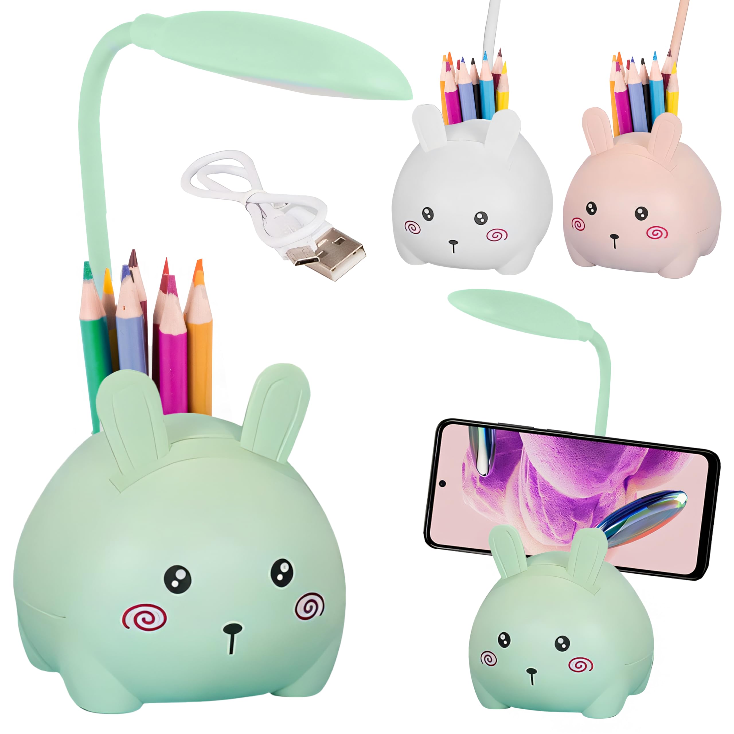 things-4you Green Rabbit Children's Lamp with Pen Holder and Mobile Stand – USB-C Rechargeable LED Night Light – Flexo Desk Children and Bedside Table