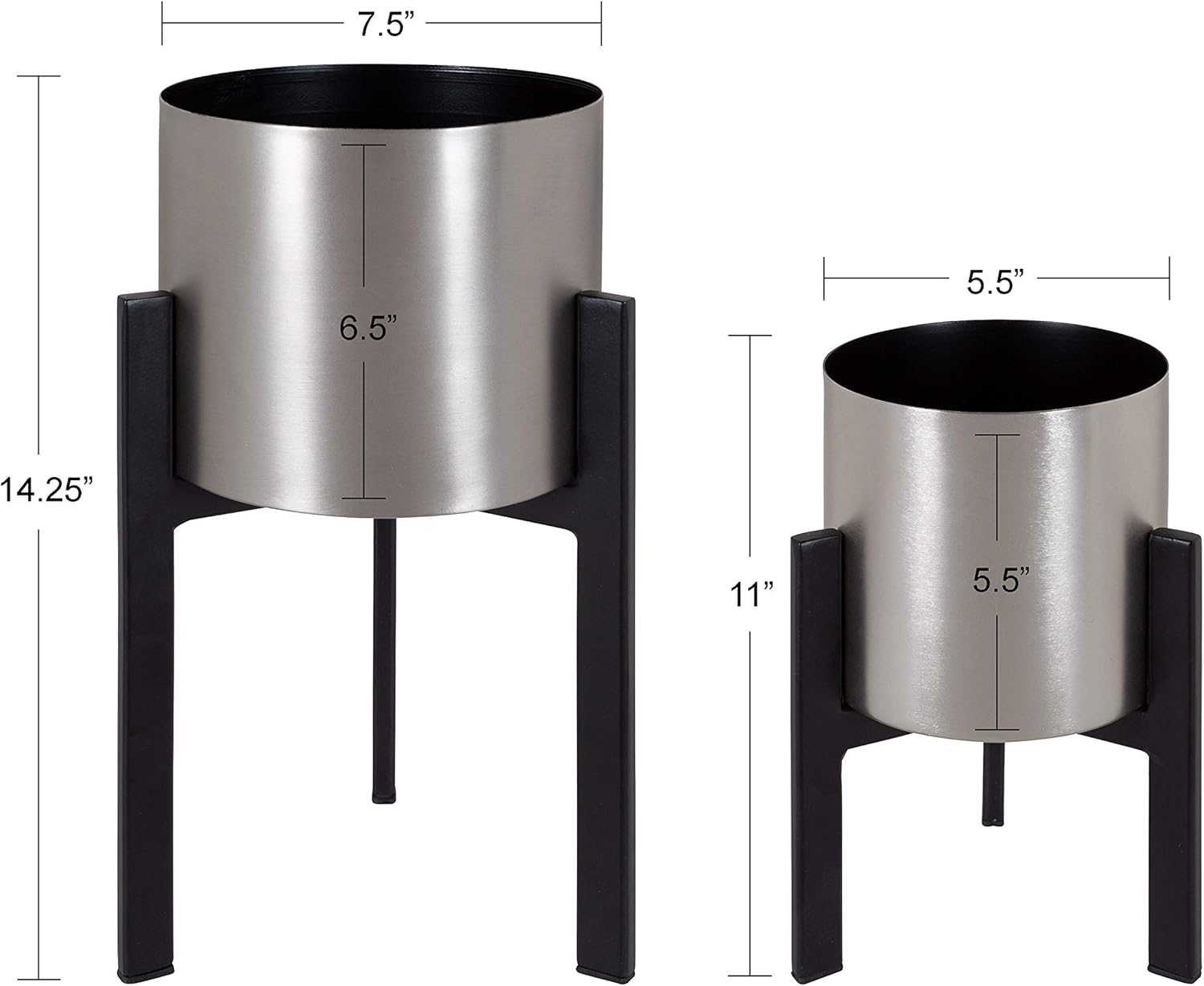 Kate and Laurel Kolding Modern Planter, Set of 2, Silver and Black, Elevated Industrial Tall Planter with Stand
