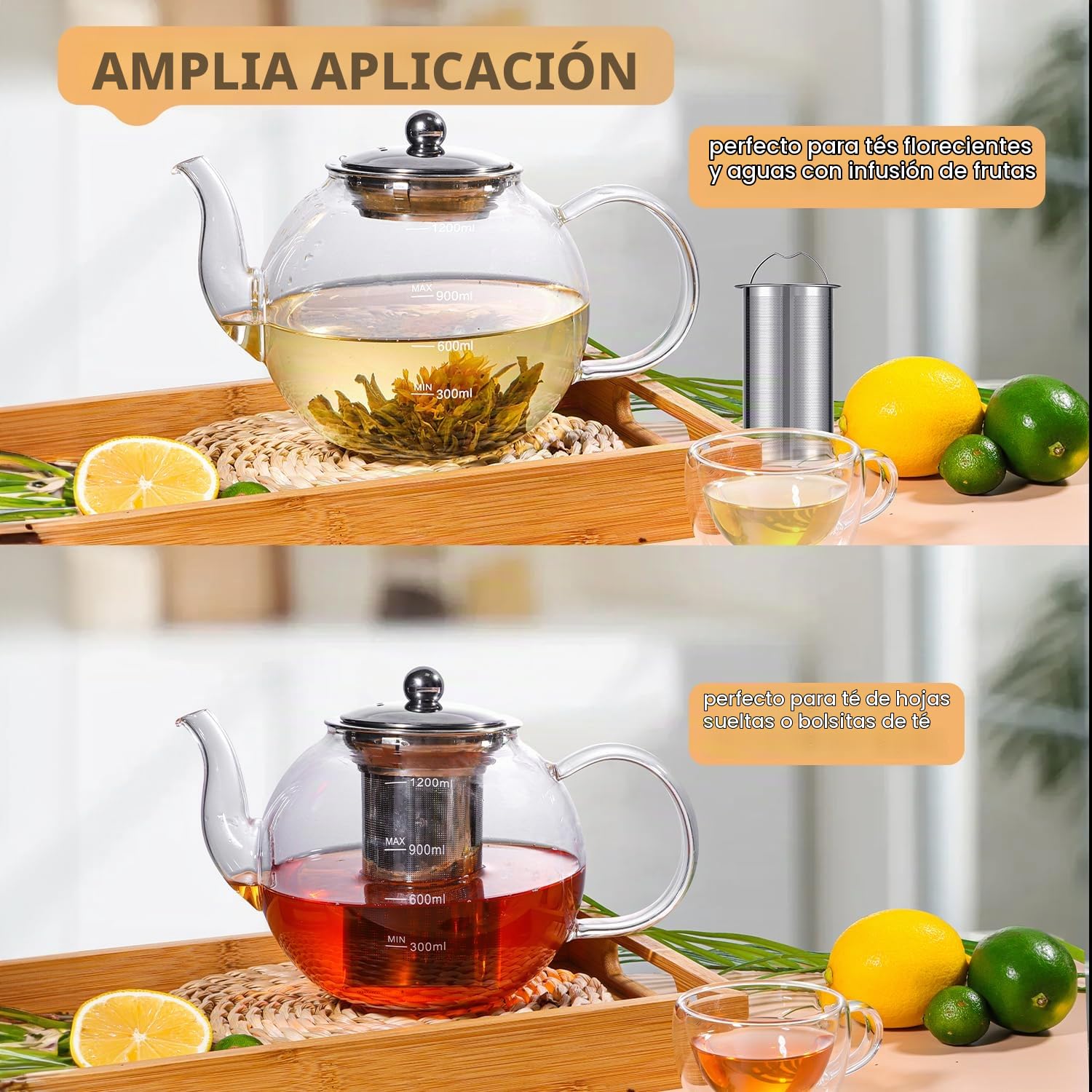 Tetera de Cristal ZPOSE con Infusionador de Acero Inoxidable Resistente al Calor, Tetera de Vidrio 1200ml con Filtro Extraíble, Tea Pot Teteras para Té y Café