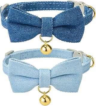 2Pack Adjustable Kitten Collar Bow Bell Buckle Dark Light Denim Blue | Thick denim weave, flexible straps, detachable bow; split structure protects pets for daily dressing and outdoor strolls