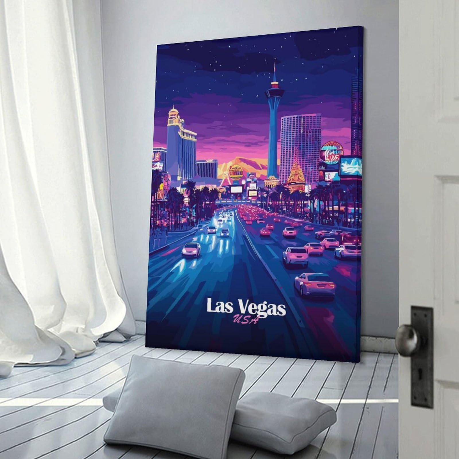 Junmoney Frame-Style-18 Las Vegas Skyline Night Canvas Wall Picture, 16X24inch(40X60cm), For Flats, Guest Rooms Or Compact Rooms, An Easy Choice For New Home Styling
