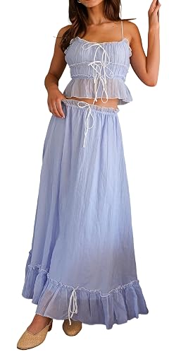 Summer Skirt Sets for Women 2 Piece Outfits Spaghetti Strap Backless Cami Tops Maxi Skirt Y2k Going Out